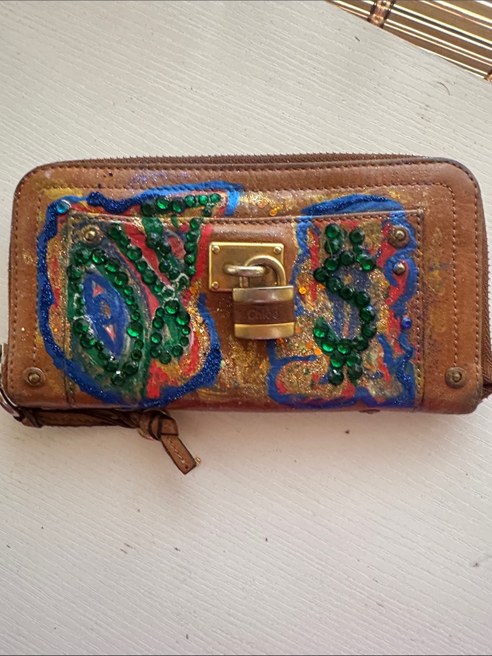 Chloé Brown Leather Painted Wallet with Green Rhinestones and Gold Lock